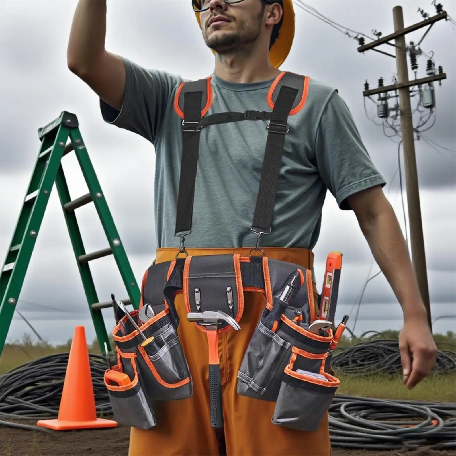 Tool Belts For Men Utility Toolbelt Adjustable Work Bags With Suspenders And 19 Pockets For Construction Sites Outdoor