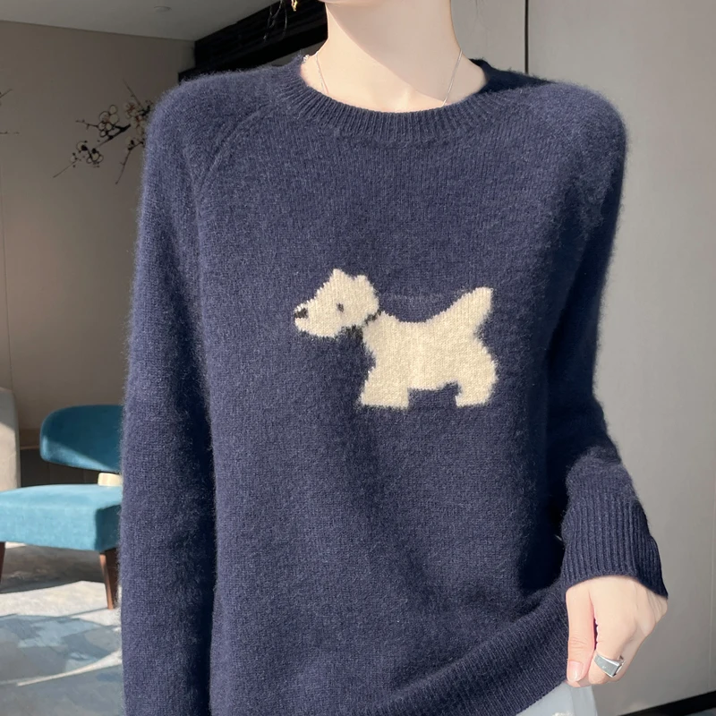 

Новый женский свитер с капюшоном из 100% мериносовой шерсти и круглым вырезом с рисунком собаки, плотный вязаный кашемировый роскошный теплый удобный верх из ткани