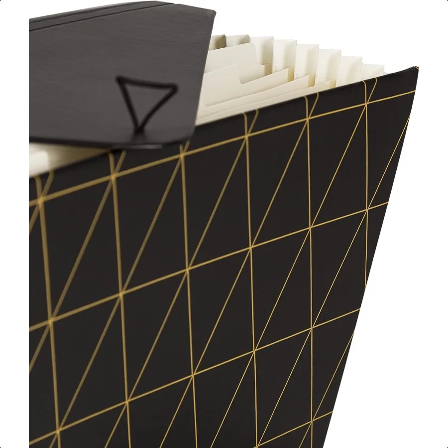 Cartella portadocumenti espandibile con 13 tasche per ufficio, hardware geometrico in ottone nero e oro certificato FSC