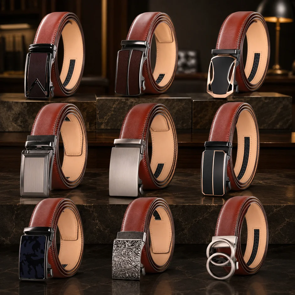 AllAutomatic Buckle Belts For Men Red Brown Genuine Leather Belt Man Strap Male Luxury Brand High Quality Ceinture Homme B408