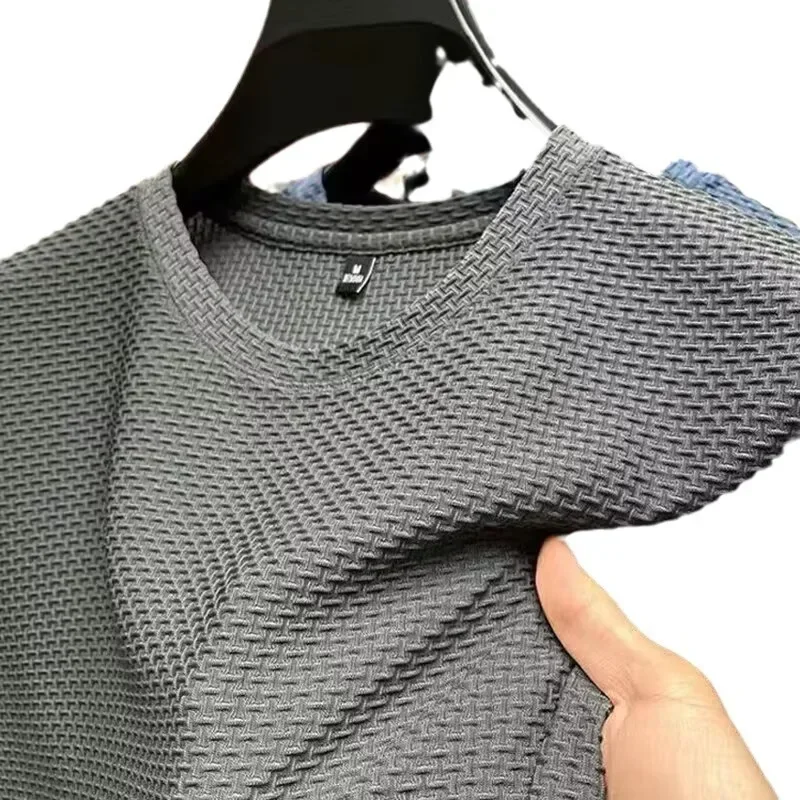 Ice Silk Bamboo Node Men's Short Sleeve T-Shirt Summer Pure Color Elastic Comfortable Cool Feeling Casual Versatile Thin Trendy image 5