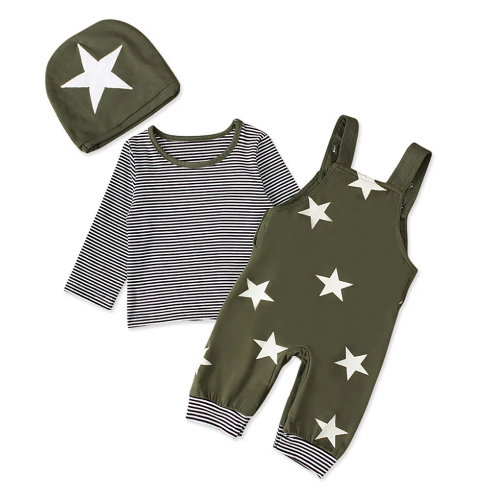 

ZAFILLE 0-3Y Baby Boys Clothes Set Striped Top+Stars Printed Overalls Spring Autumn Kids Toddler Costume 3Pcs Newborn Clothing