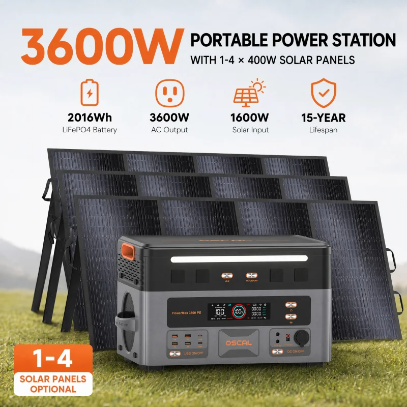 OSCAL 3600W PowerMax 3600PE Portable Power Station, 2016Wh LiFePO4 Solar Generator Optional 400W Solar Panel, 45 Mins 0-80% Fast Charge, UPS 14 Ports App Control for Motorhome Camping Home Emergency Backup