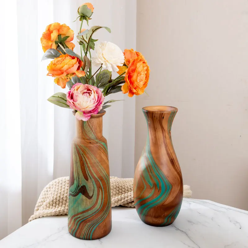Nordic Minimalist Style Solid Wood Pattern Vase Hand-painted Dried Flower Vase for Flower Arrangement.Elegant Refined Decorative