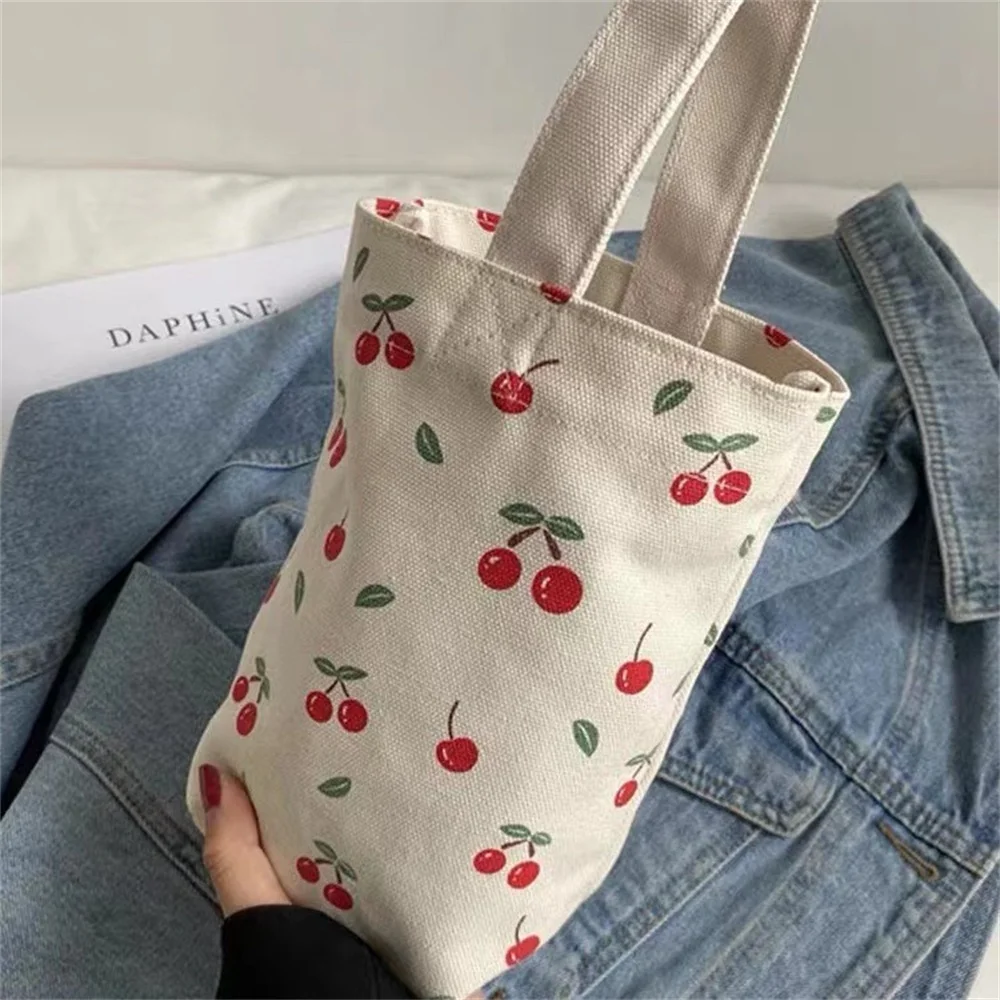 Cherry Printed Bag Eco-Friendly Canvas Handbag Reusable Coffee Cup Thermos Pouch Travel Portable Water Bottle Holder For Stanley