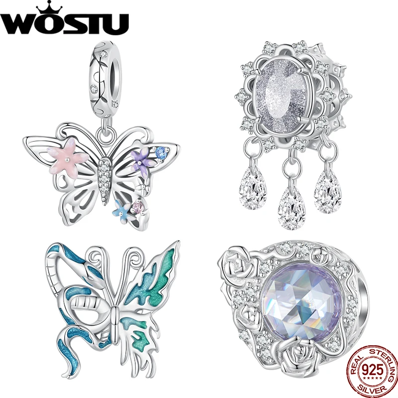 WOSTU 925 Sterling Silver Colorful Snake and Butterfly Charm Sparkling Star Dreamcatcher Transparent Bead Fit Original Bracelet