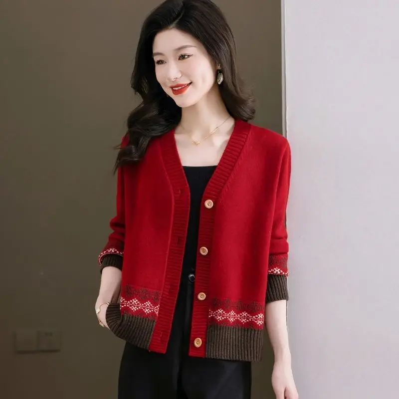 Women Autumn Fashion Office Lady Loose V-neck Long Sleeve Knitwear Women Clothes Temperament All-match Knitting Cardigan Coat