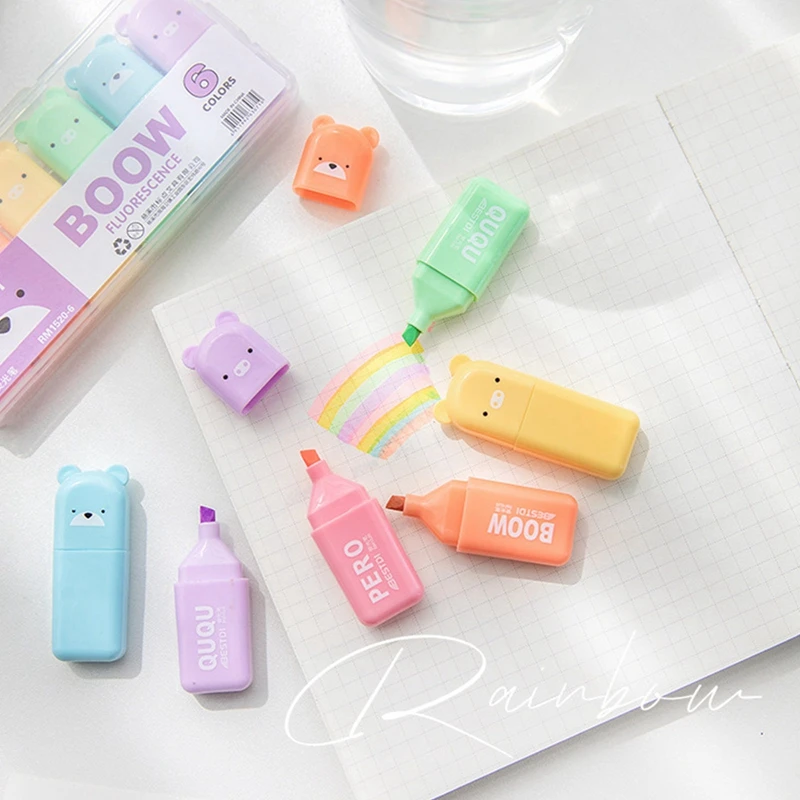 6Pcs/4Pcs Set Cartoon Animals Highlighter Macaron Oblique Tip Marker Fluorescent Pen Cute Markers Pastel Drawing Pen