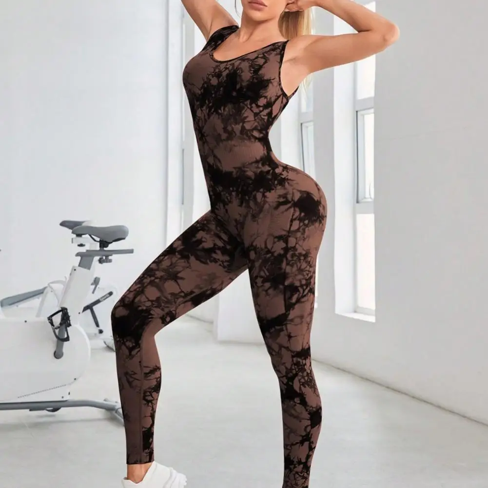 Women Slim Fit Jumpsuit Contrast Color Tie-dye Jumpsuit Butt-lifted Skinny Elastic U Neck Sleeveless Jogging Running Yoga Outfit