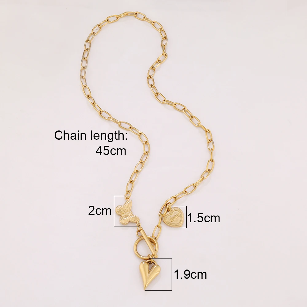 316L Stainless Steel Heart Butterfly Pendant Necklace For Women Toggle Clasp Cross Coin Paperclip Chain Necklaces Jewelry Gifts