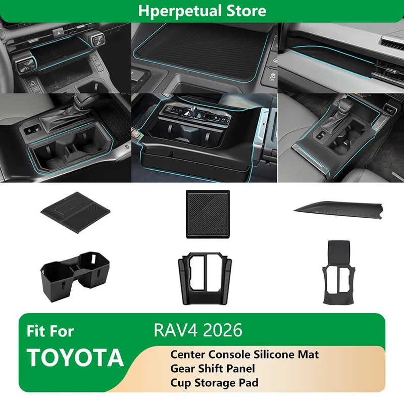 

For Toyota RAV4 2026 Center Console Silicone mat Gear Shift Panel With Pocket &Lower Mat & Upper wireless Mat & Cup Storage Pad