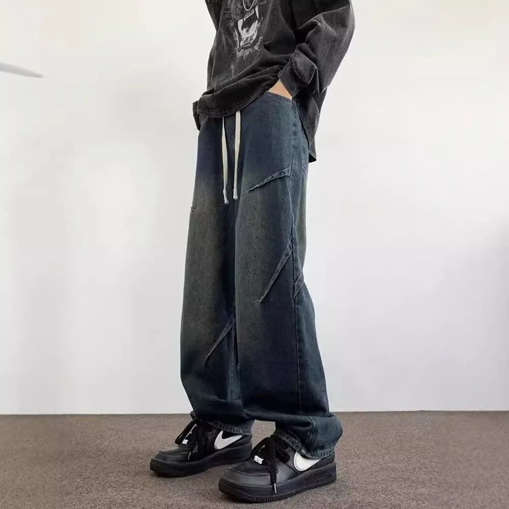 

Men's Jeans New Summer Niche Wide-leg Pants Loose Straight Retro Blue Drawstring Pants