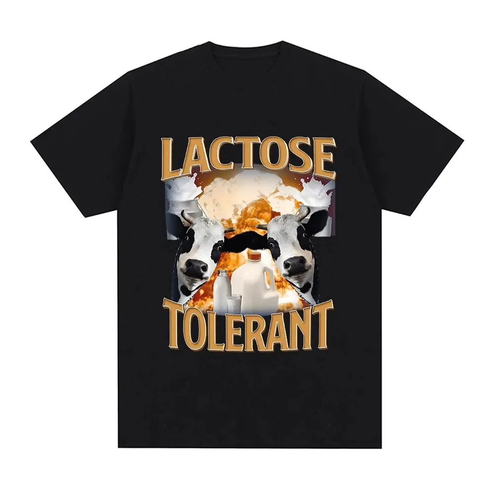 Lactose Tolerant Graphic Print T-Shirt Men\'s Vintage Fashion Short Sleeve T-shirts 100% Cotton Casual Cozy Oversized T Shirts