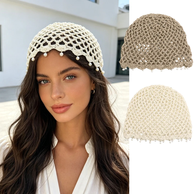 Elegant Street Solid Color Faux Pearl Tassel Hollow Knit Beanie Hat Crochet Openwork Ethnic Sophisticated Headwear Accessory