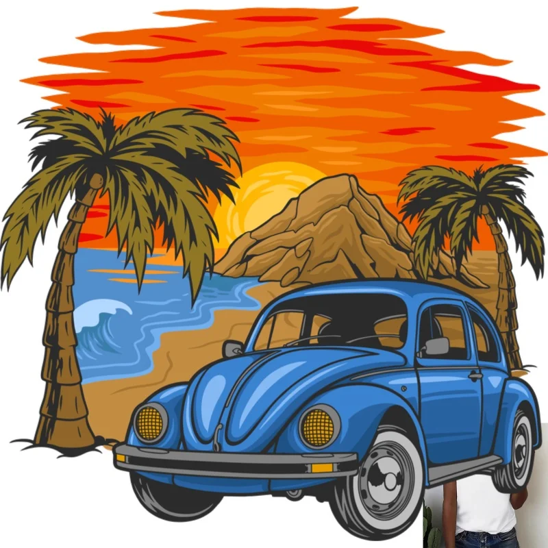 Retro Beach Car Heat Transfer White Ink Iron - on Patch, Palm Tree Sunset Pattern, Suitable for T - shirts/Canvas Bags,