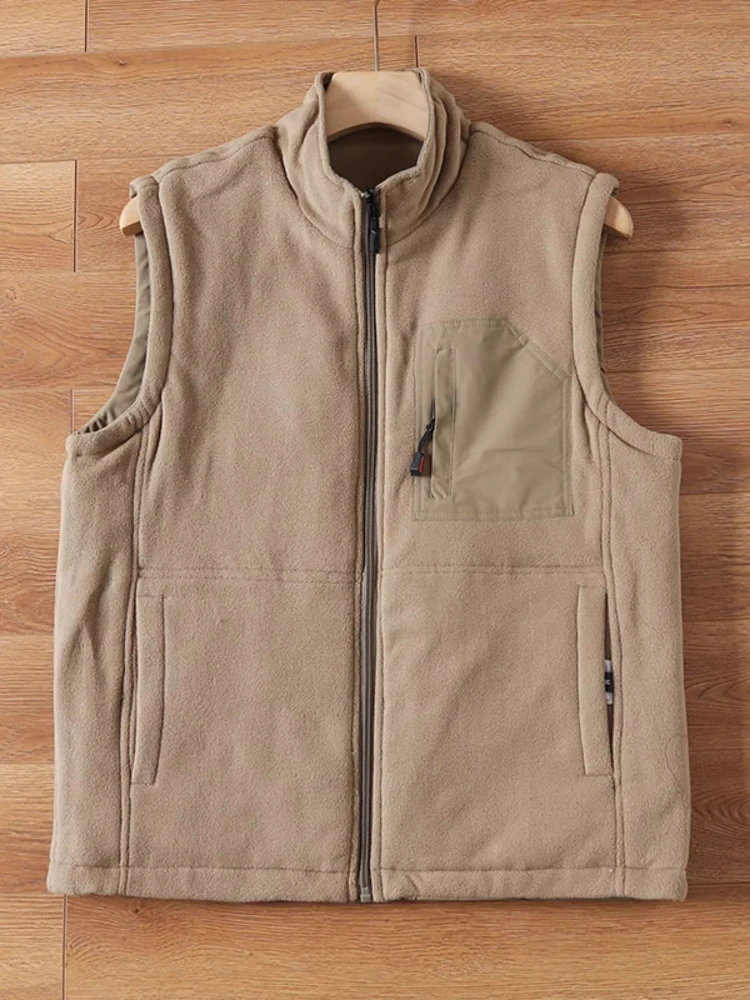 Men's Winter Reversible Windproof Vest Stand-Collar Fleece Lined Utility Outdoor Casual Workwear Solid Jacket Full-Zip Vest Coat