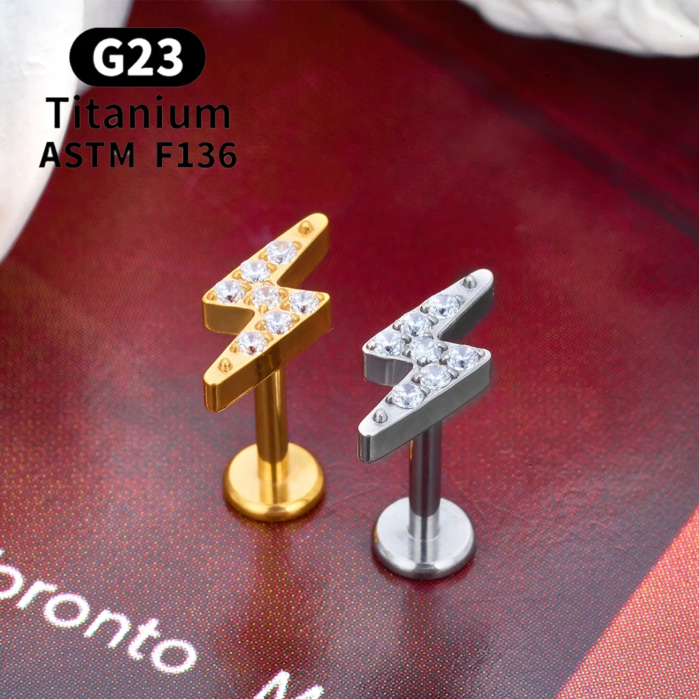 G23 Titanium Piercing Ear Stud 16G Lightning Shape CZ Top Labret Lip Stud Women Tragus Cartilage Helix Daith Earrings Jewelry