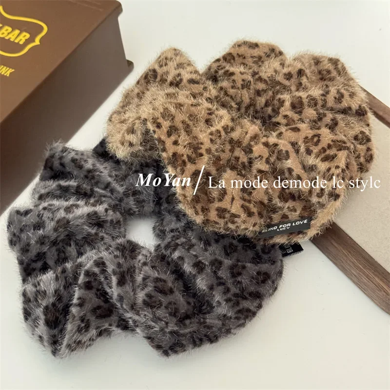 Gray coffee leopard print plush large intestine hairband retro simple  head flower low ponytail hair rope temperament headband