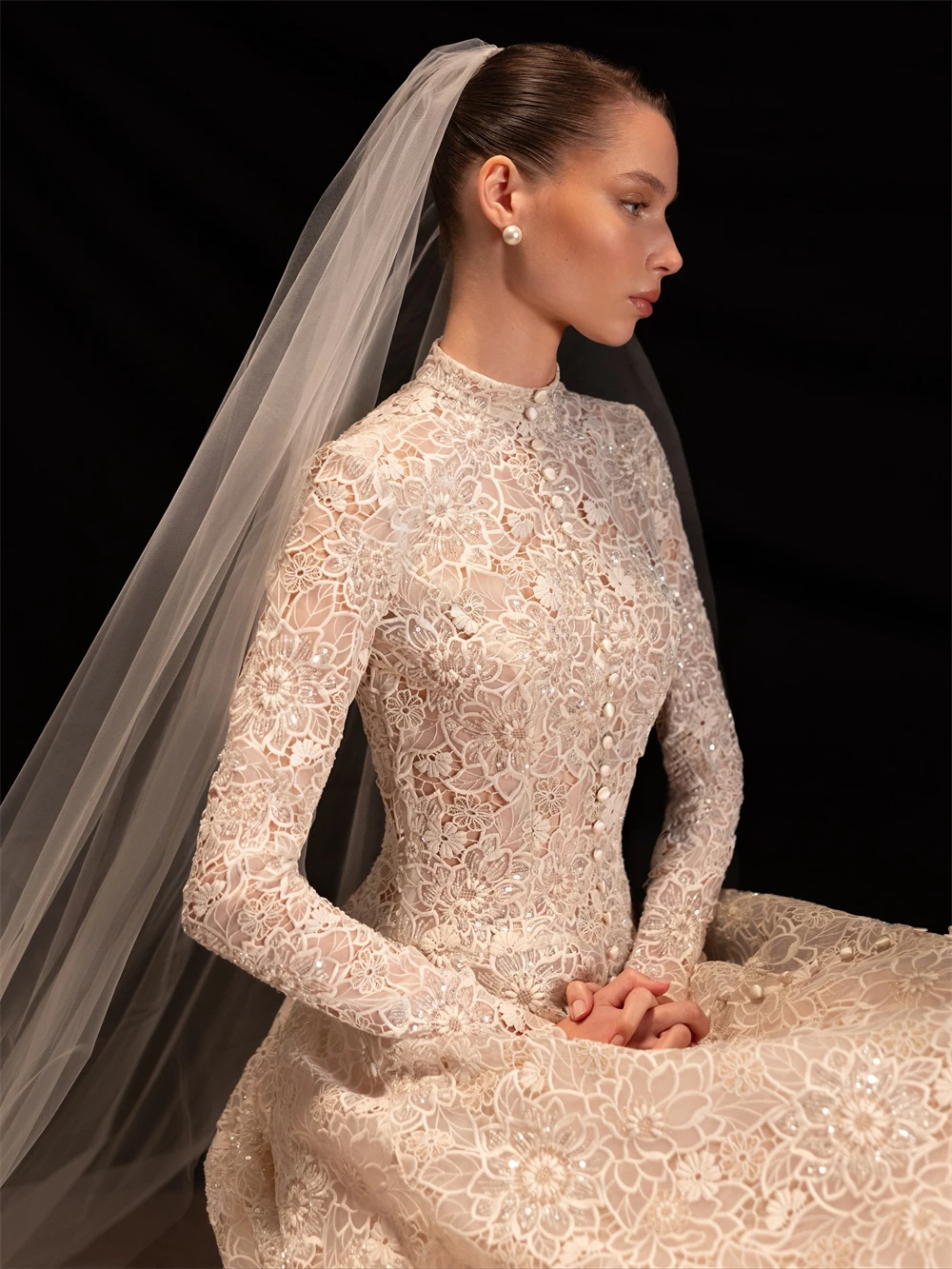 تخصيص حالمة العاج الدانتيل زي العرائس الكلاسيكية س الرقبة طويلة الأكمام فستان الزفاف الرسمي ألف خط ذيل شابيل Vestido De Novia #2