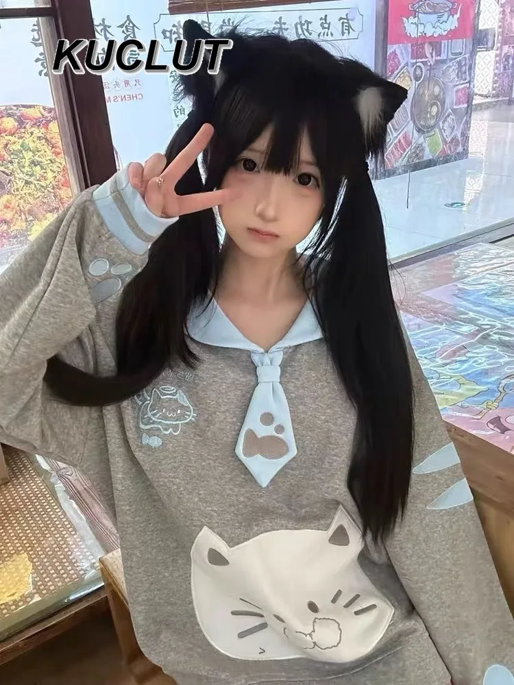 일본 대학 스타일 긴 소매 풀오버 캐주얼 스웨트셔츠 여성용 가을 겨울 두꺼운 귀여운 세일러 칼라 루즈 탑