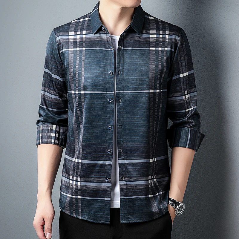 Korean Style Men\'s Slim Fit Shirt High Quality Fashion Print Spring Autumn Long Sleeve Shirt