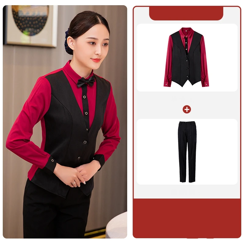 Uniformes de Service alimentaire à manches longues pour hôtel, Restaurant, café, barman, Bar, ensemble d'uniforme de serveur avec tablier, chemise de travail pour Bar