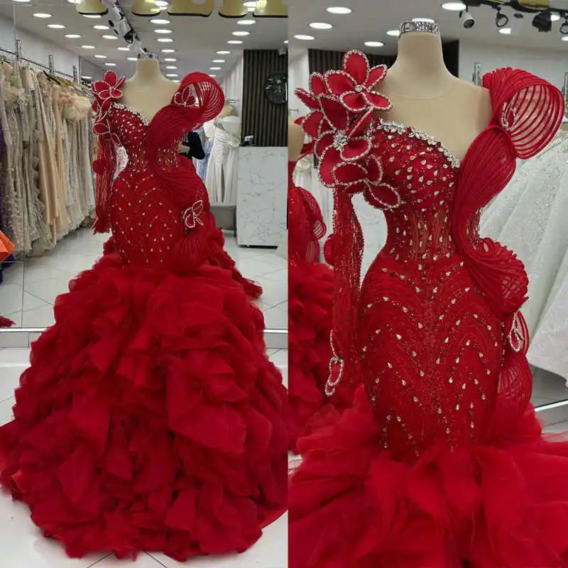 Funkelnde rote Abendkleider mit Perlen, langen Ärmeln, Ballkleid für Damen, zweiter Empfang, Damen-Geburtstags- und Verlobungskleider, individuell gestaltet