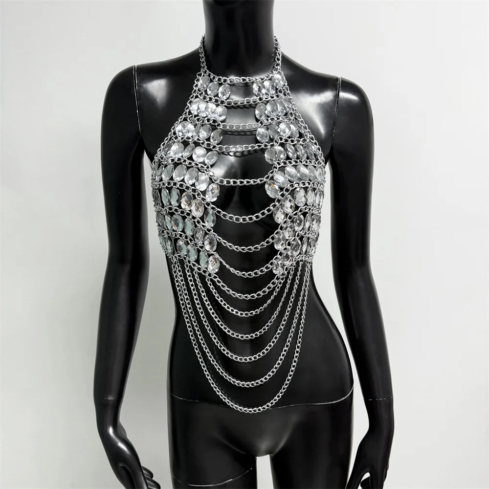 Dazzling Crystal Metal Chain Tassel Women Camisole Sexy Hollow See Through Backless Halter Neck Tank Top Rave Vocal Concert Tops