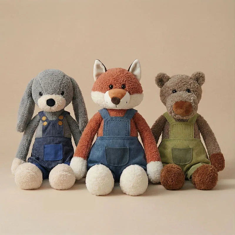 

Cute Fox Bunny Bear Plush Toys Soft Stuffed Animals with Removable Overalls Vintage Style Decor Photography Prop Festival Gift