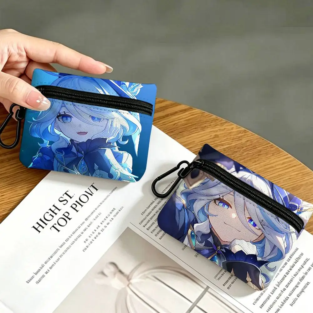Genshin Impact Badge Girl Furina Portable Oxford Fabric Mini Wallet Carabiner Design Small Coin Bag For Cards Keys Earphones