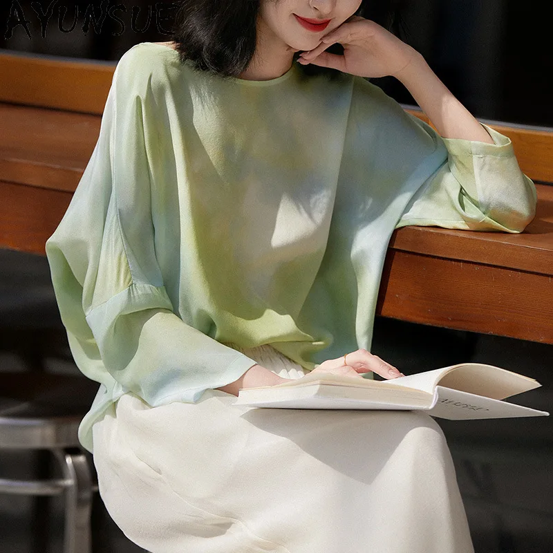 AYUNSUE Double Crepe Silk Women's T-shirts Stylish O-neck Pullover Long Sleeve Tops for Woman Casual Loose Woman Clothes Одежда