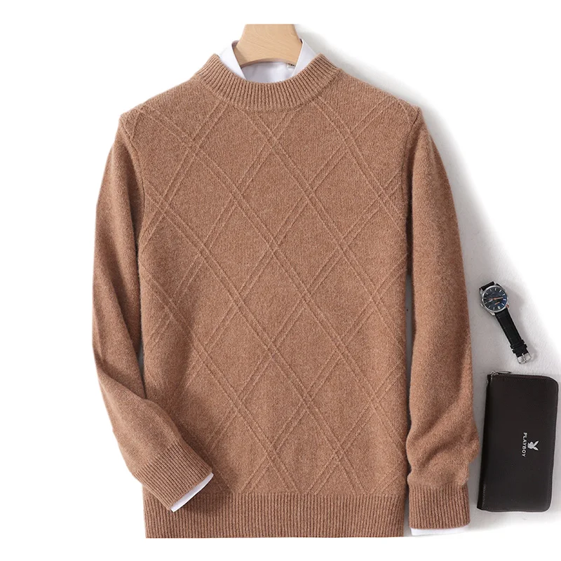 

Argyle O-Neck Pullover Men's Autumn Winter 100% Merino Wool Comfortable Warm Knitted Sweater Inner Wear Stylish Sports Cashmere