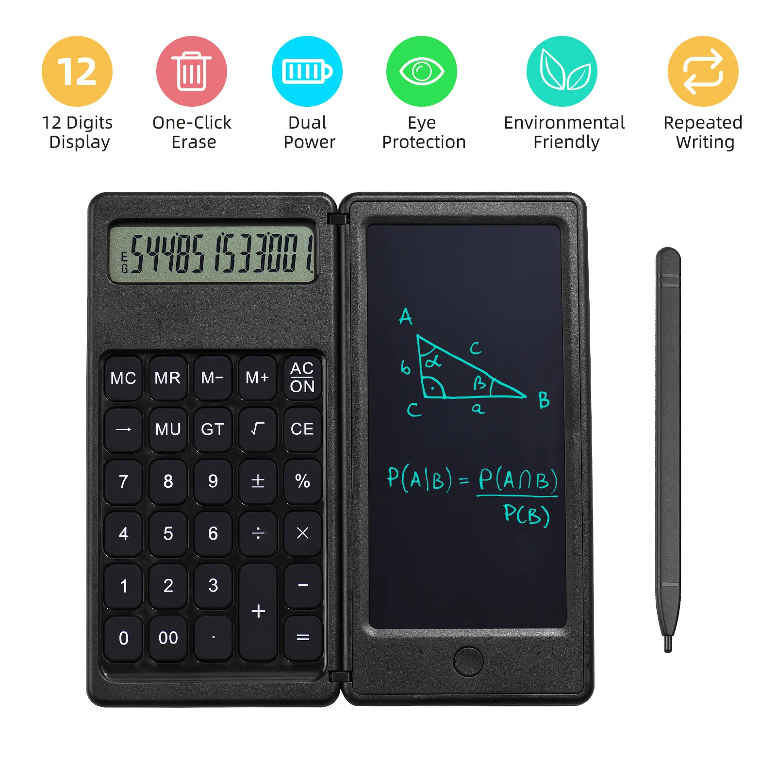 2 in 1 Foldable Scientific Calculators 12 Digits LCD Display With 6 Inch Writing Tablet Support Stylus Pen Erase Button Lock