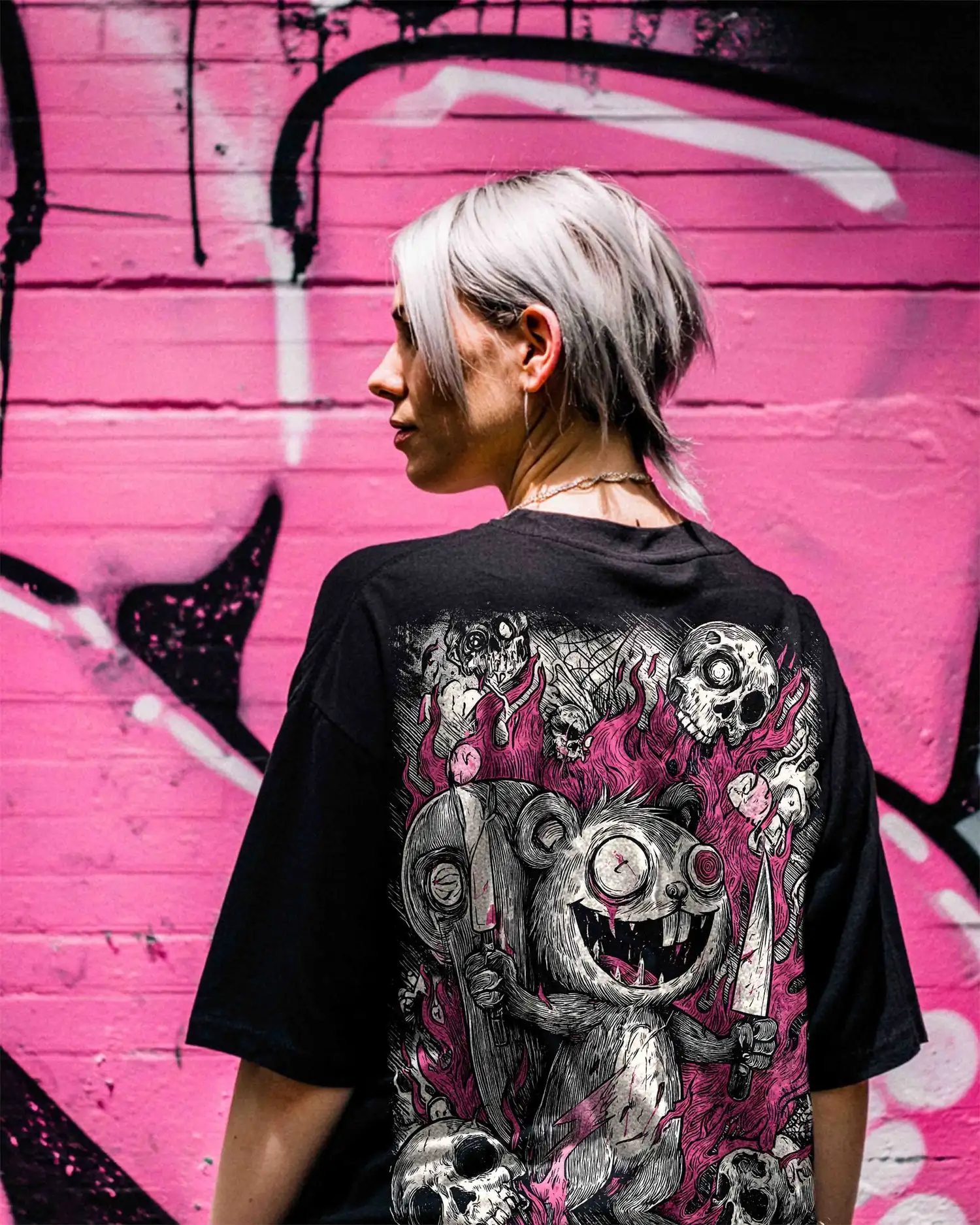 Men's Oversized Evil Bear Pattern T-shirt, Terrifying, Crazy, Bear Skull, Flame Punk, Dark Street Outfit, Loose T-shirt