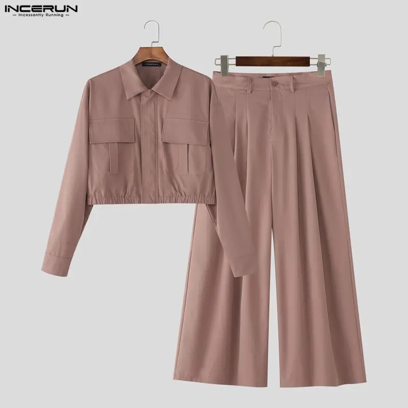 

INCERUN Men Sets Solid Color Zipper Long Sleeve Crop Jackets & Pants Two Pieces Sets Streetwear Loose Fashion Casual Men's Suits
