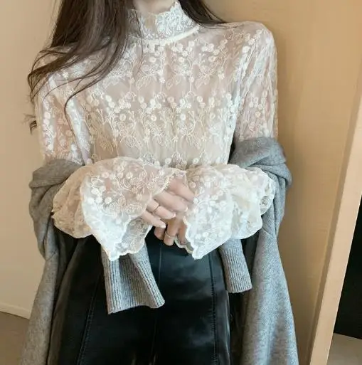 

Осенняя новая женская шифоновая рубашка с воротником-стойкой и цветочной вышивкой, элегантная и сексуальная прозрачная шифоновая рубашка