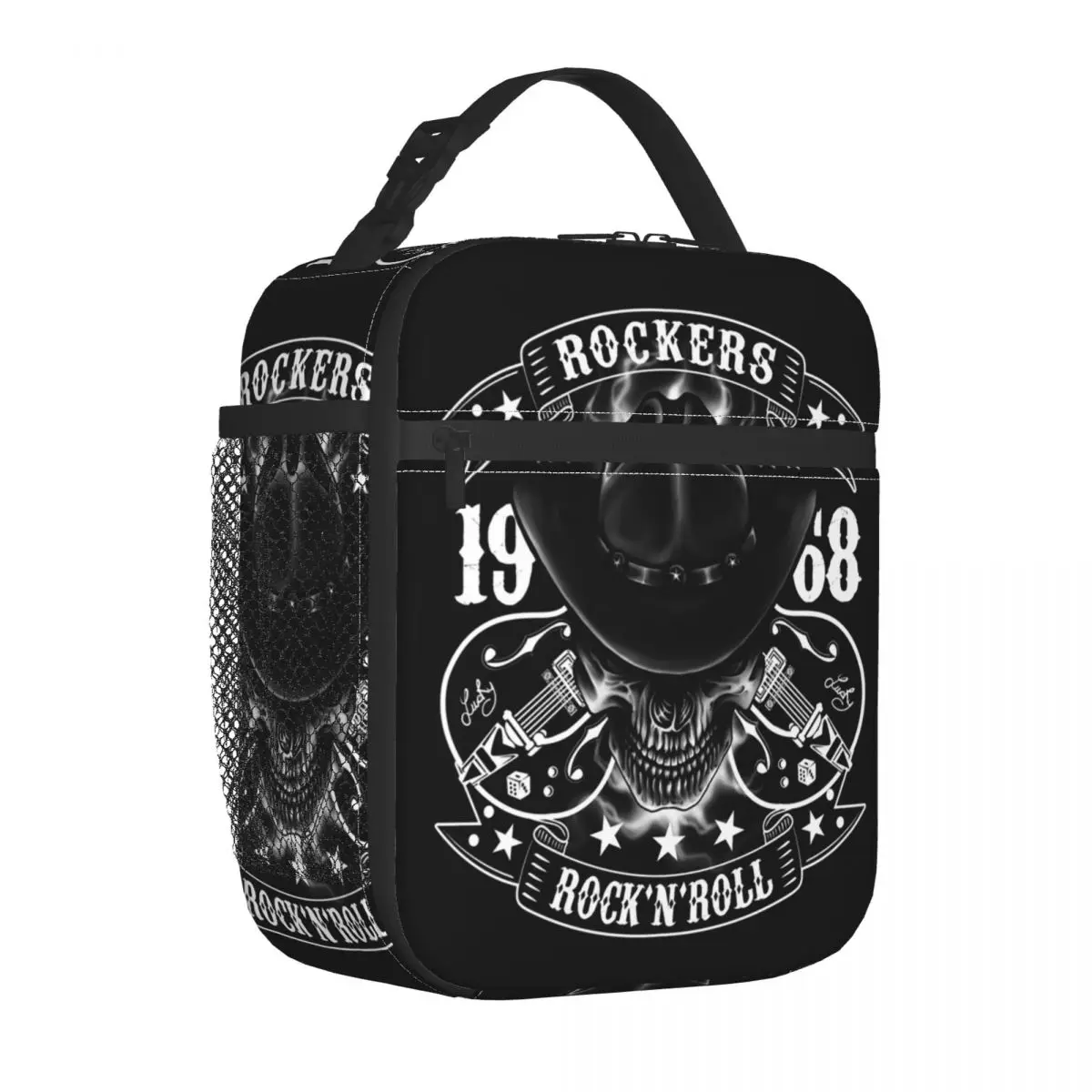 Rockabilly Skull 1968 Rockers Rock N Roll Guitars Bikers Thermal Insulated Lunch Bag Women Resuable Lunch Tote Storage Food Box