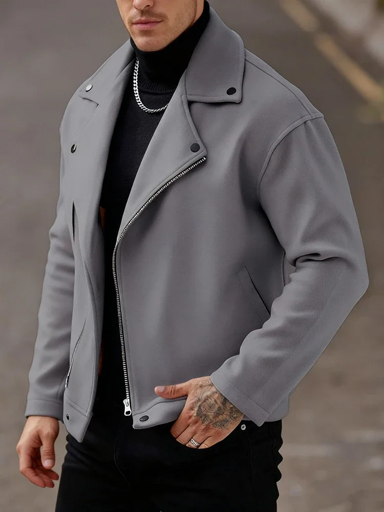 

Vintage Woolen Blend Jacket Coat Mens Moto Biker Style Zip-up Jackets Autumn Winter Vintage Lapel Long Sleeve Solid Color Coats