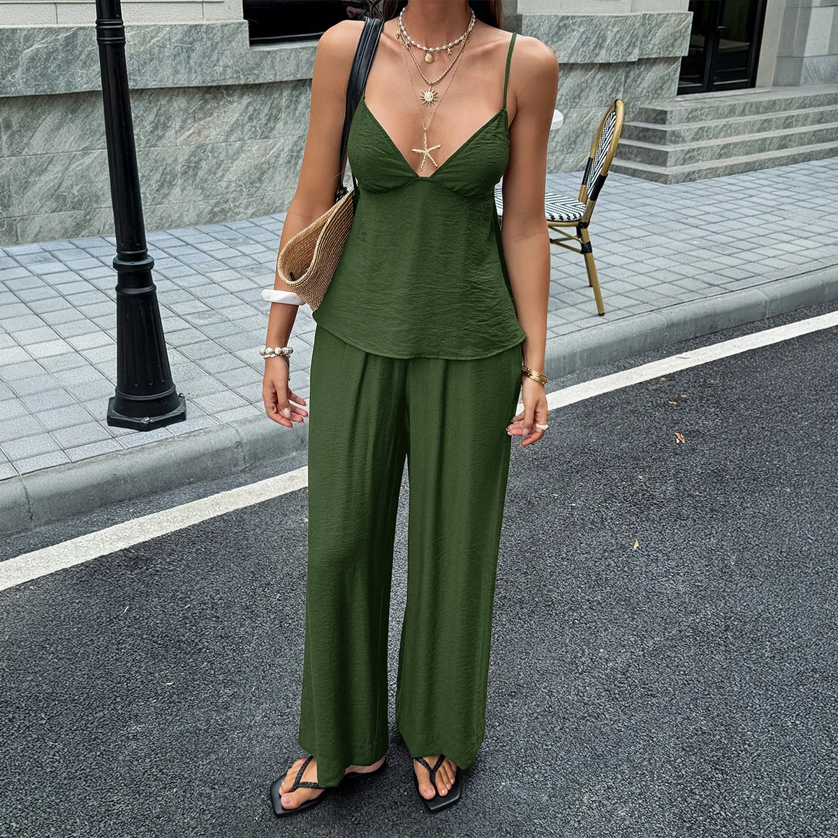 

2026 Summer New V-neck Low-cut Solid Color Suspender Trousers Suit Women's Clothing