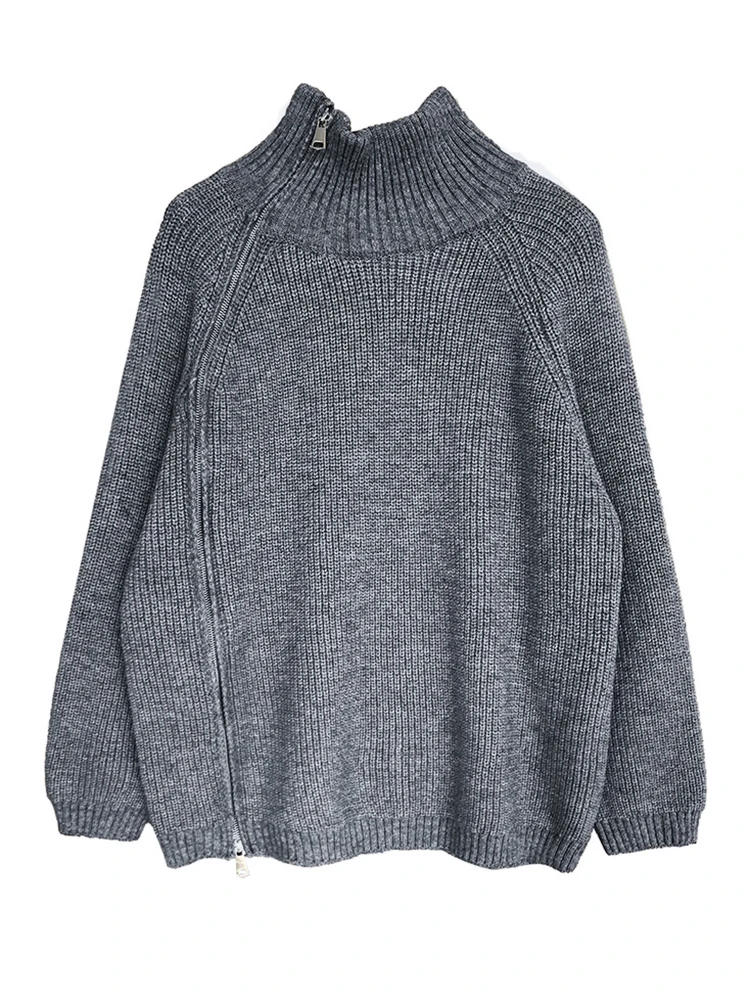 [EAM] Zipper Schlitz Große Größe Stricken Pullover Rollkragen Langarm Frauen Pullover Neue Mode Flut Herbst Winter 2024 1DF3058