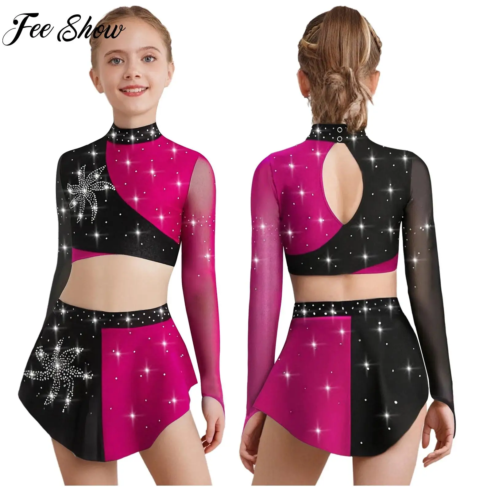 Kids Girls Lyrical Dance Performance Outfit Set Crop Top Skirt Set for Ballet Modern Dance Figure Ice Skating Gymnastics Clothes