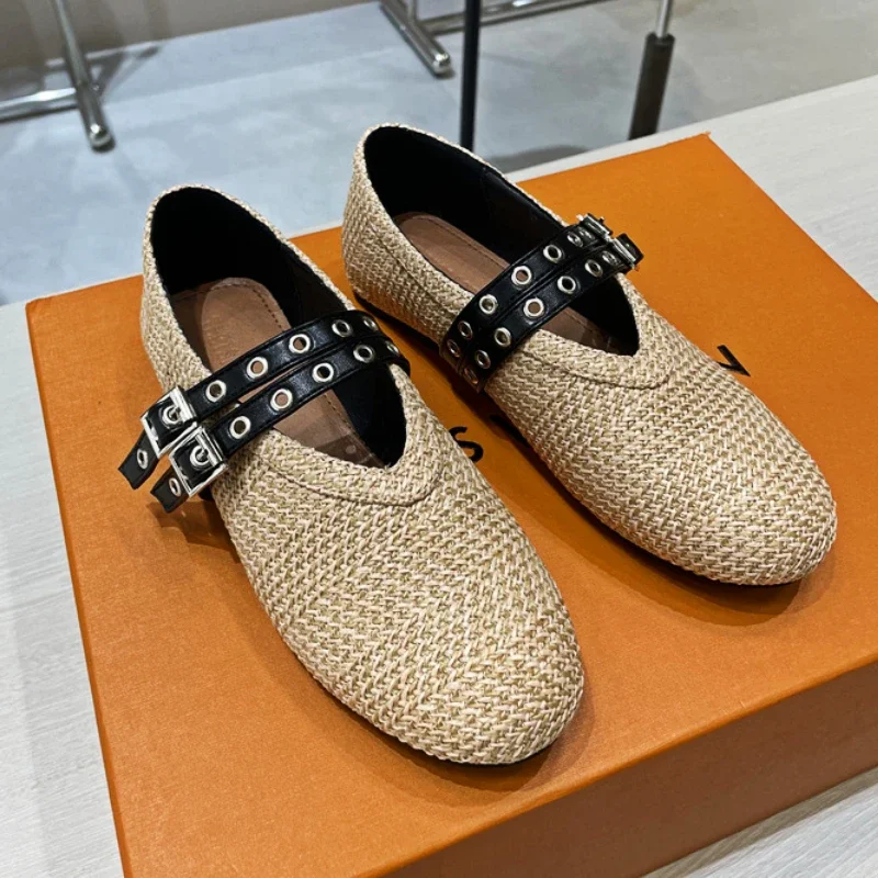 

Woven Flat Ballet Shoes Brand Designer Shoes Female Belt Buckle Breathable Round Head Comfy Casual Twine Weaving Mary Jane Pumps