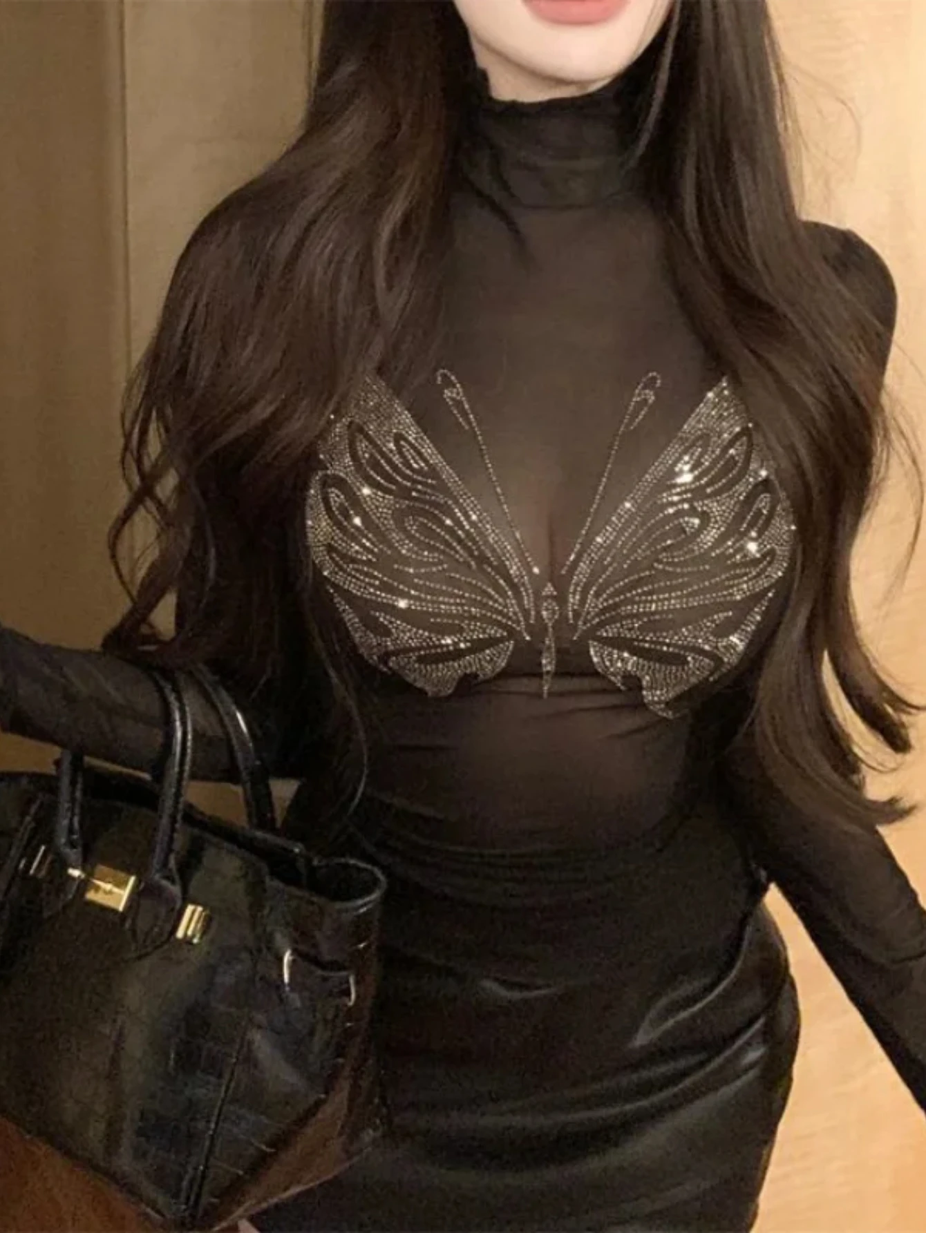 

Tees Shirt TopsSpring Summer Mesh Butterfly Rhinestone Top Womens Long Sleeve Sexy Black T Shirts Transparent Club Streetwear