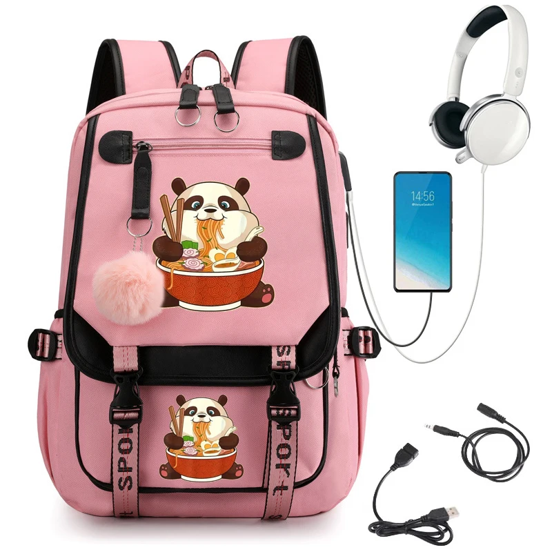 

Panda Eat Ramen Anime Girls Backpack Cute School Bags for Student Teens Girls Bookbag Women Laptop Backpack Usb Charging Mochila