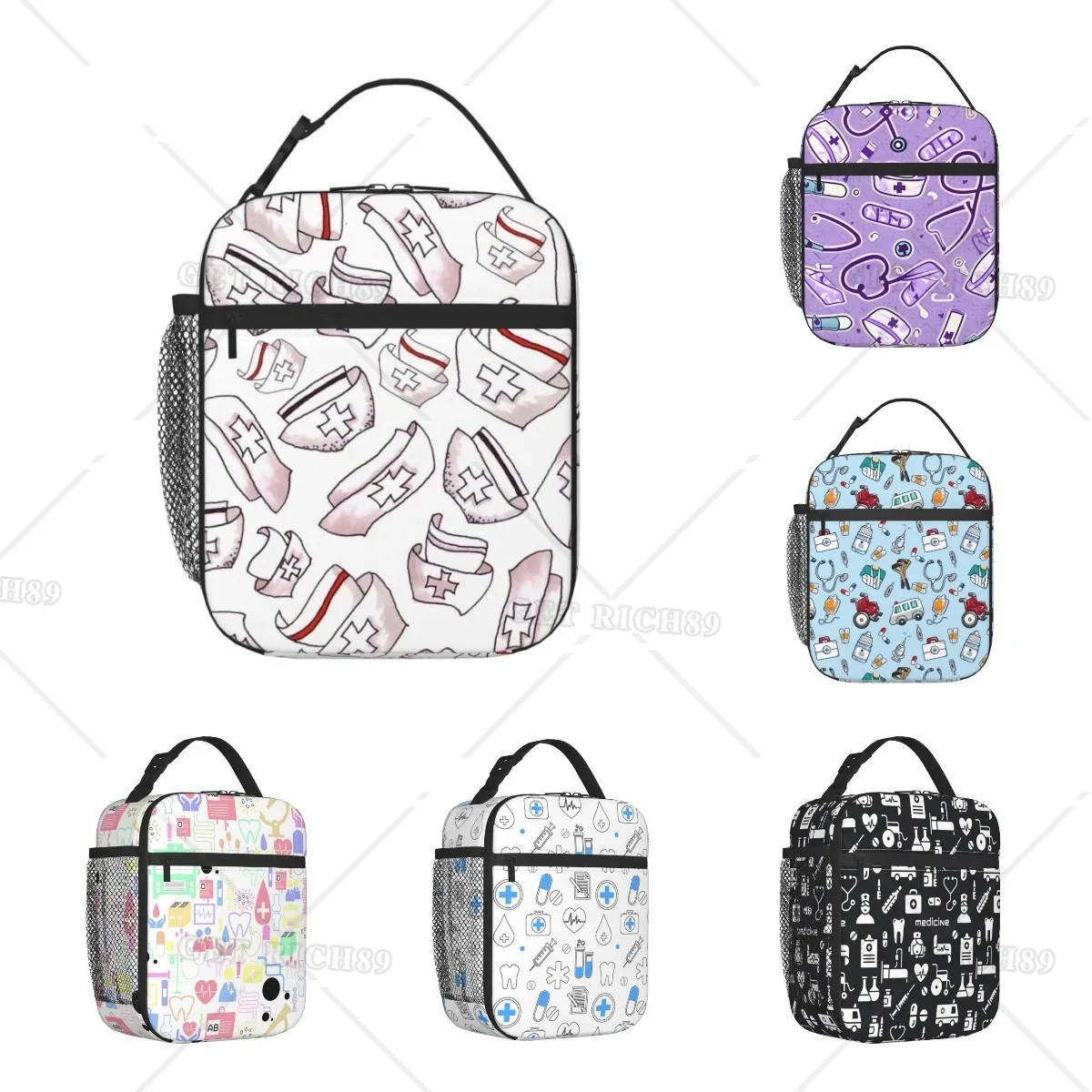 Nurse Hat Printed Insulated Lunch Bag White Large Capacity Lunch Box for Women Reusable Portable Lunchbox for Travel Work Picnic