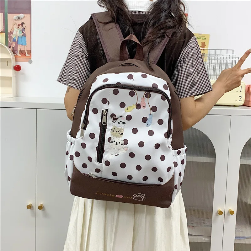 New cartoon kitten backpack, Korean-style minimalist polka-dot print, lightweight and versatile, perfect for commuting, with a l