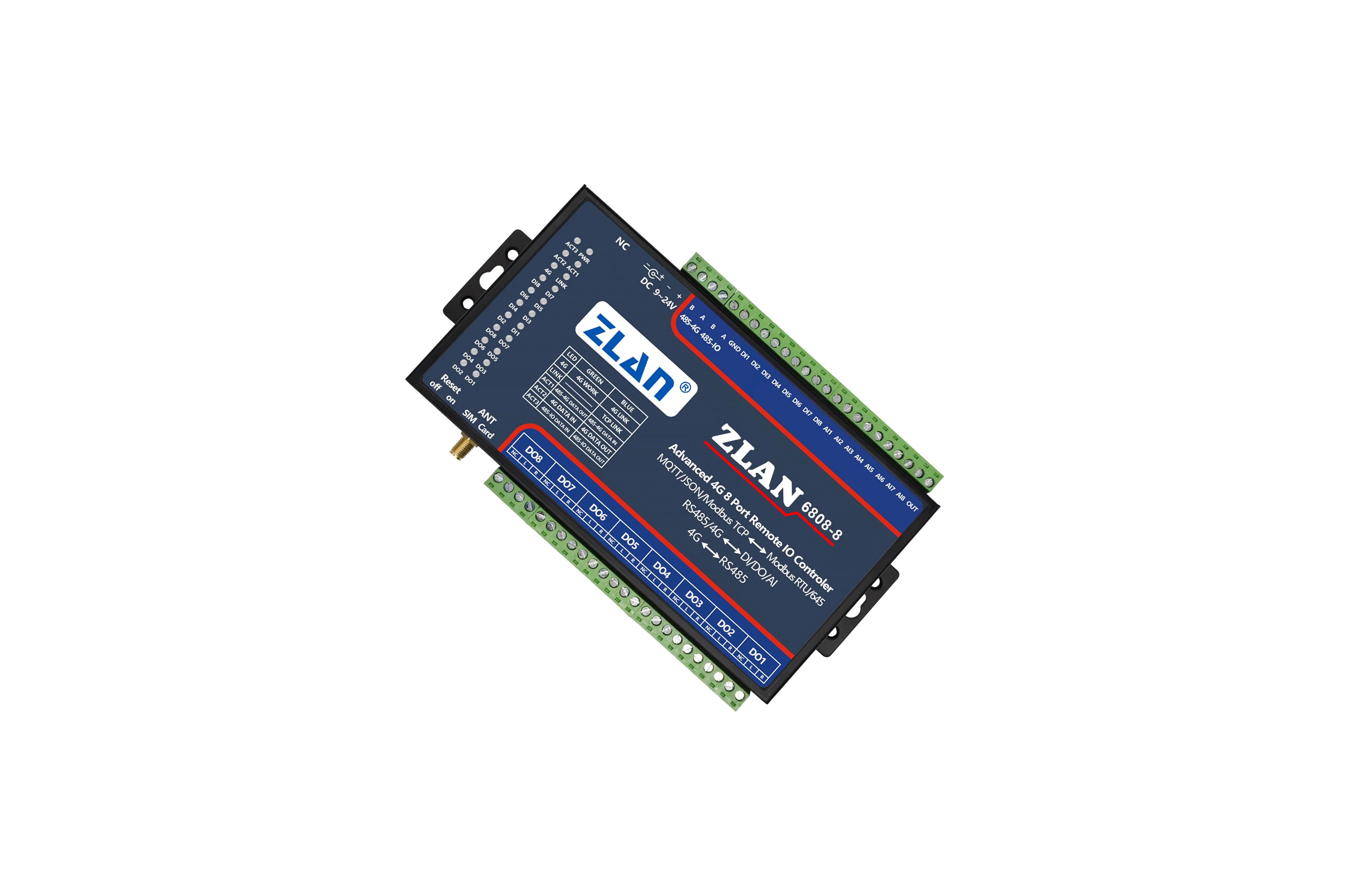 Modbus TCP IO O Módulo, 4G, Ethernet RJ45, Controlador IO remoto, A, Coletor D, 8 canais, DI DO AI, ZLAN6808-8