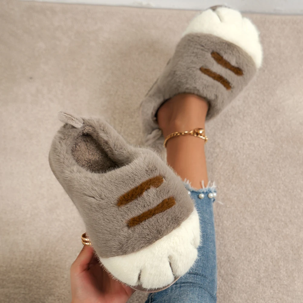 3D Cat Paw Plush Slippers Flat Thermal Slippers Comfortable Fluffy Home Slippers Anti Slip Cute Paw Slippers for Indoor Bedroom