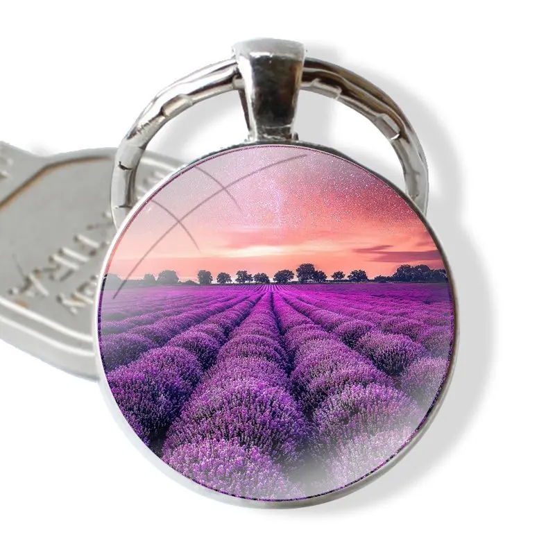 Lavender Flower Lavandula vanilla Keychain Handmade Glass Cabochon Key Ring Holder Pendant Key Chains