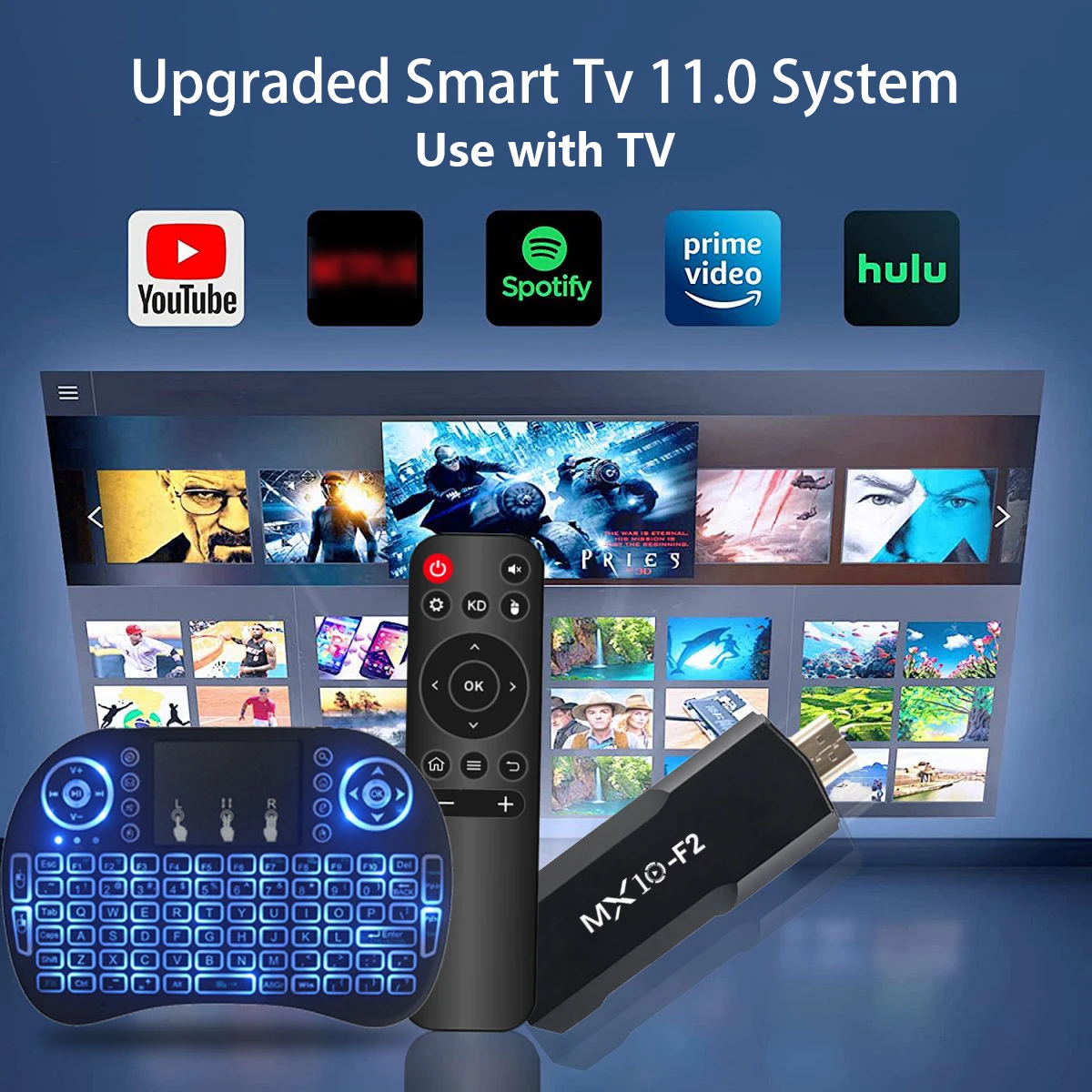 TV Stick MX10 F2 con Fly Air Mouse Control remoto Allwinner RK3228A Bluetooth 2,4G retroiluminación colorida Mini teclado inalámbrico
